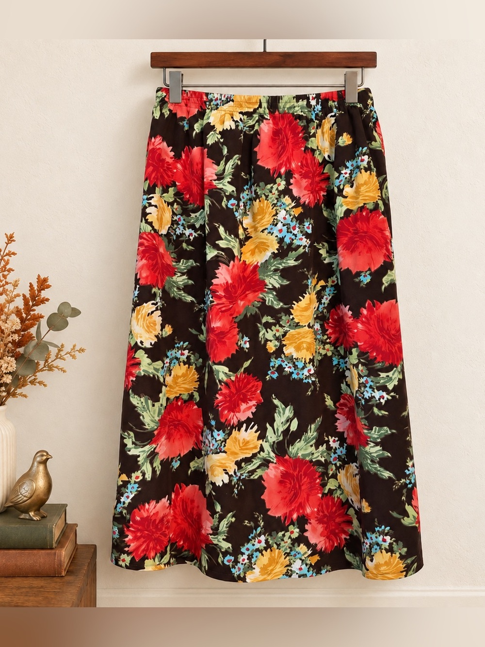 Vintage Dark Floral Midi Skirt Red Yellow Cottagecore L